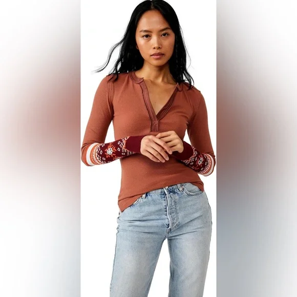 NWT Free People Mikah Layering Cuff Autumn Combo Top Long Sleeve Shirt - Picture 5 of 10